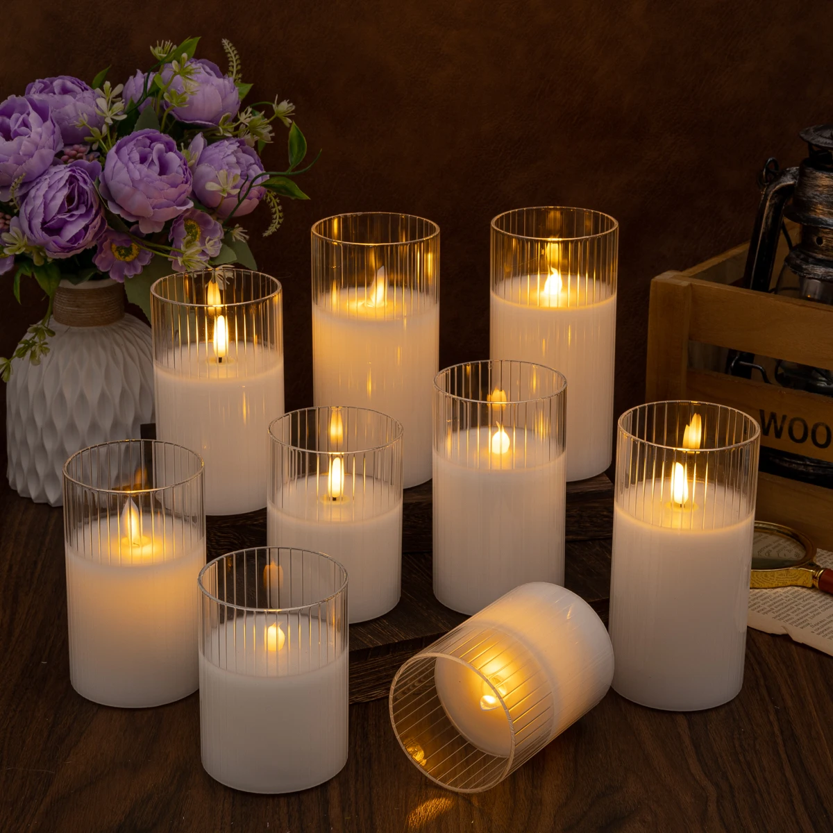 Striped Roman column Glass Jar Led Wax Candle Simulated Led Candle with Moving Wick Flameless for Romantic Wedding Decorative