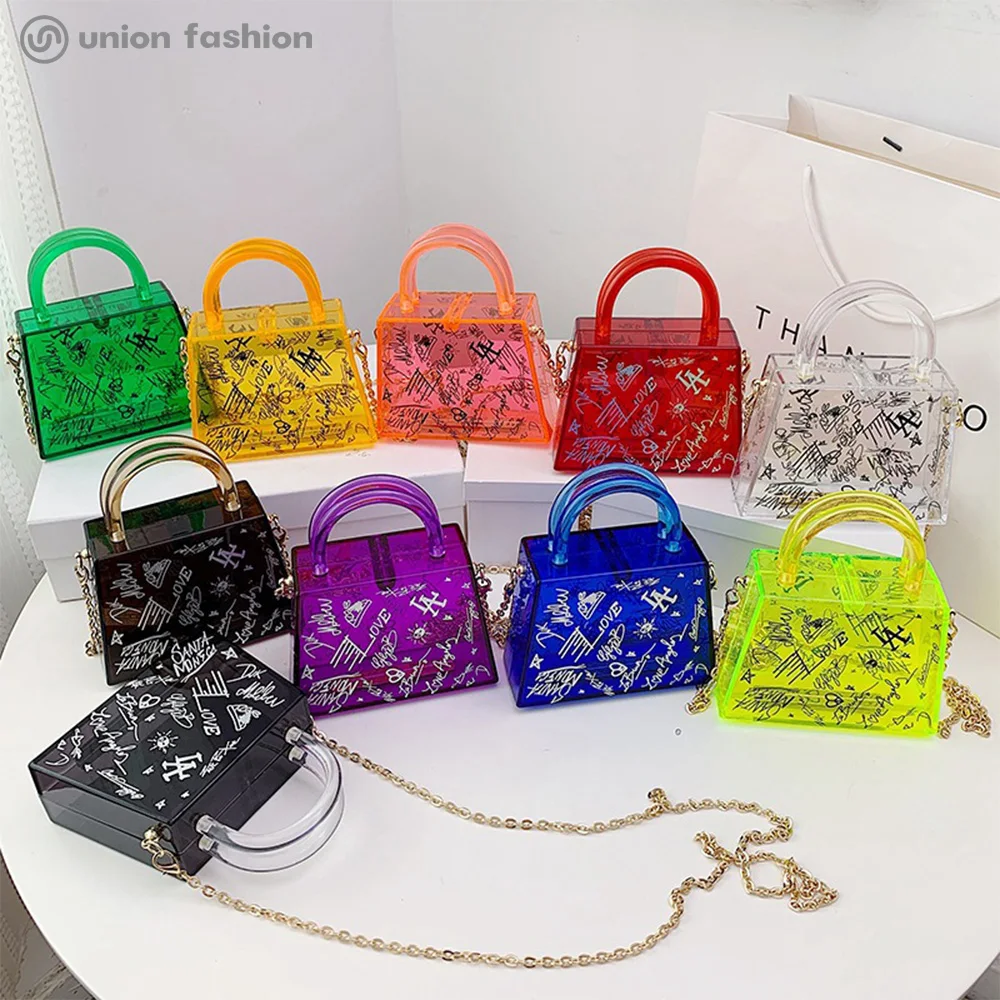 
Spring Summer Clear Transparent PVC Candy Color Crossbody Tote Graffiti Acrylic Box Bags for Girl Lady Women 
