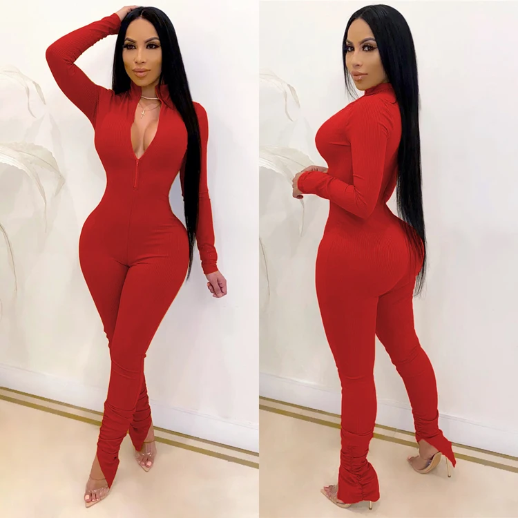 Cheap Fall Ladies Jumpsuit Pants Long Sleeve Solid Color Stacked Pleated Leg Women One Piece Jumpsuit