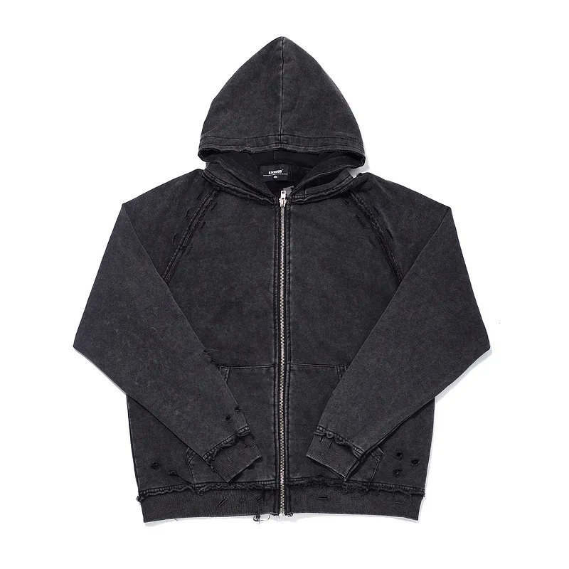 High street anti-wear zipper jacket autumn and winter dark color heavy wash distressed hoodie