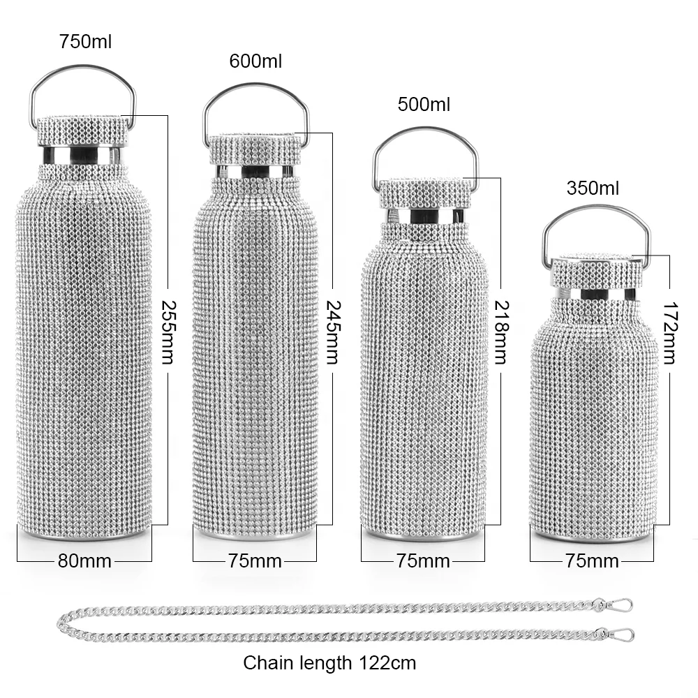 Women Gold Vacuum Bling Rhinestone Stainless Steel Thermal Refillable Insulated Water Bottle