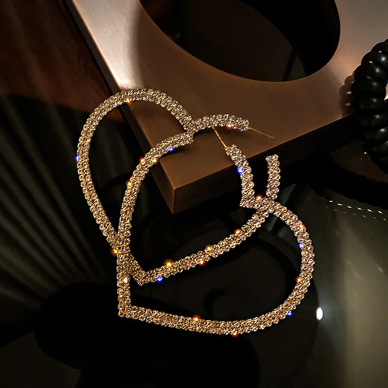 
Barlaycs 2021 Korean Fashion Wholesale S925 Post Designer Statement Women Gold Plated Rhinestone Heart Big Hoop Earrings 