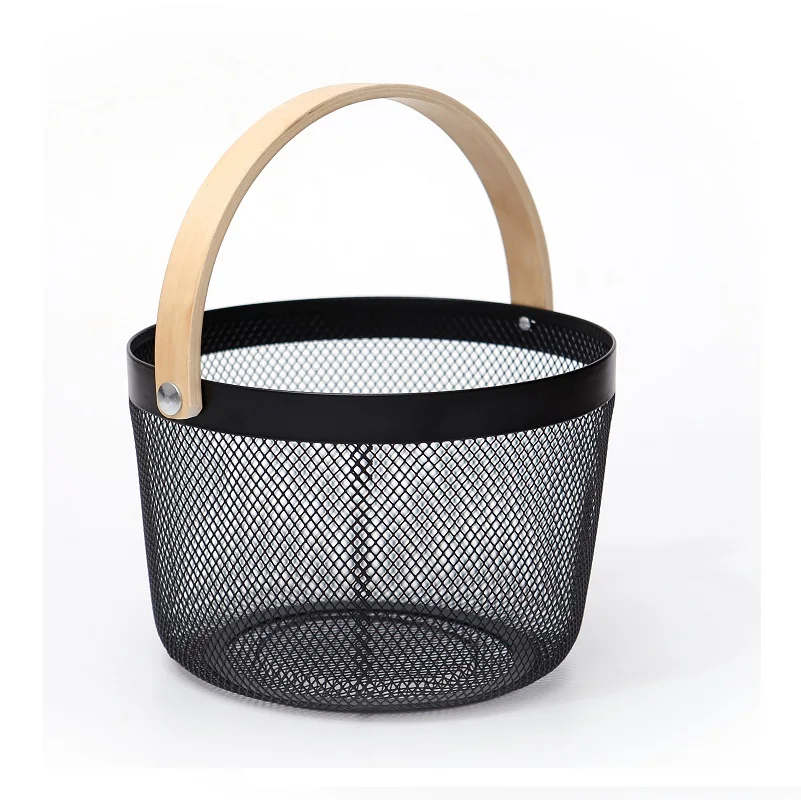New arrival DSH mesh basket round fruit basket with wood handle kitchen fruit basket fruit organizer