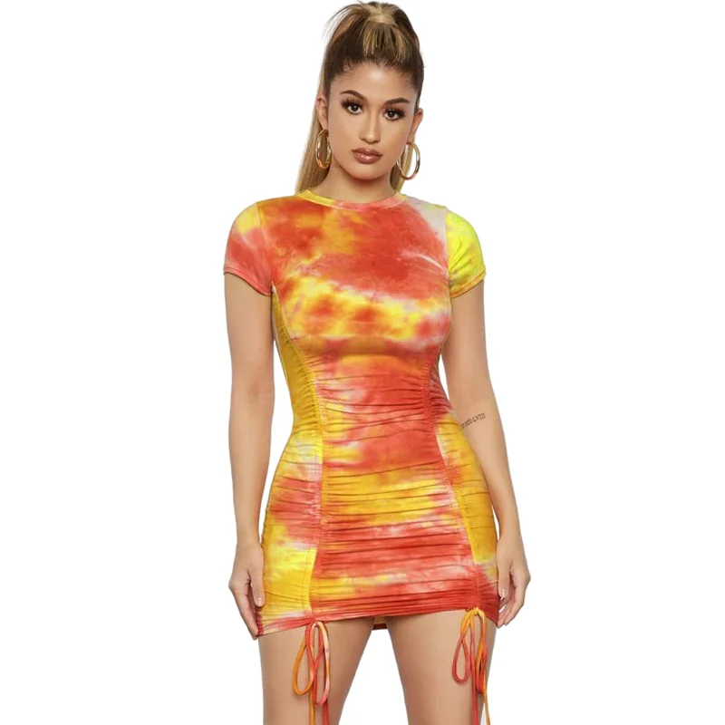 2021 fashion street style slim short-sleeve dresses casual women summer beach dresses  drawstring mini bodycon dress