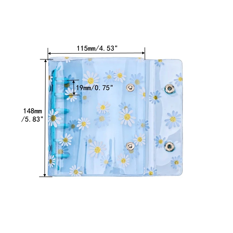A7 Binder Cover Daisy Journal PVC Refillable Notebook Shell Clear Planner Cover Double Snap Button Closure Loose Leaf Case
