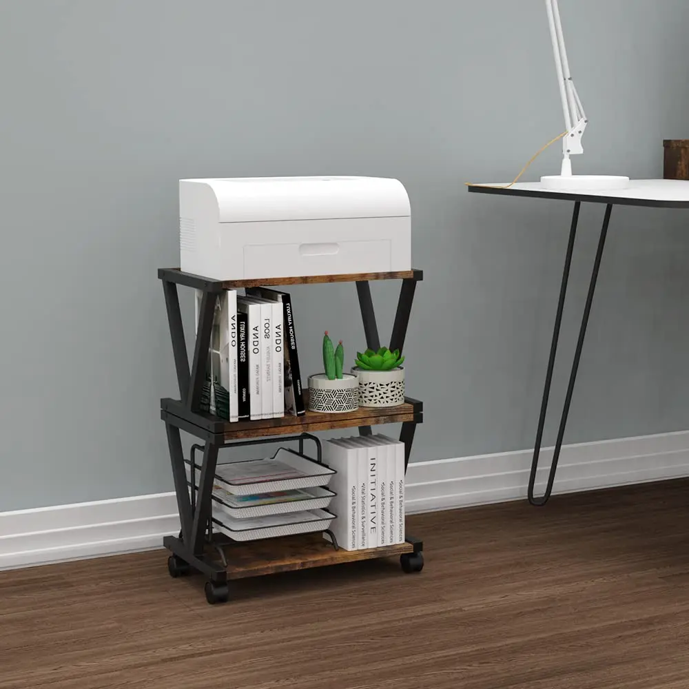 Home Office Industrial Farmhouse Wood Storage Book Shelf Table Organizer 2 Tiers Retro Desktop Printer Stand