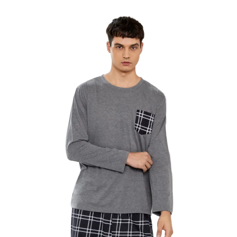 Wholesale  Loungewear Plaid Pants And Solid Tops Pajama Sets Knit Breathable Pyjama Cotton Men Pjs