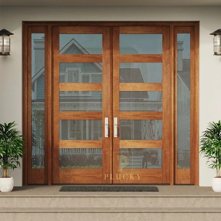 Hot sale double leaf solid wood entrance door with glass for villa