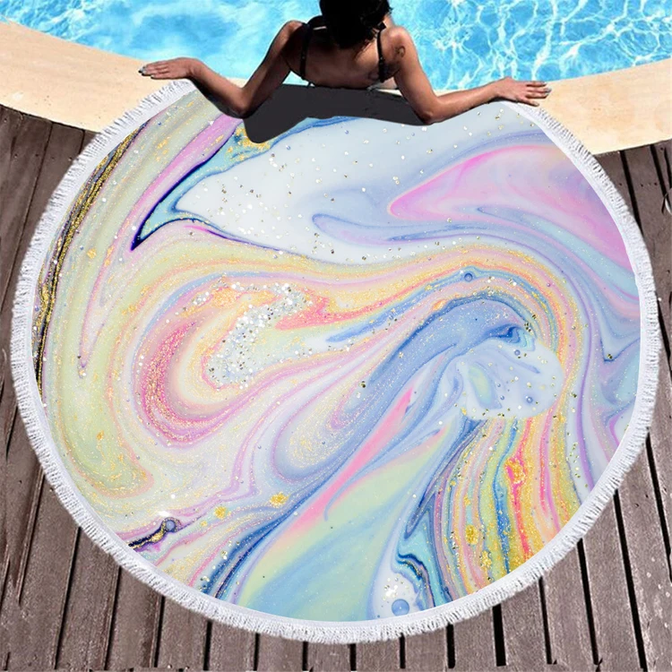 
RTS Hot Selling Tie Dye Marble Round Beach Towel With Tassels 