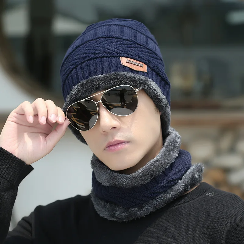 Wholesale fashion unisex fleece lining winter warm men knitting beanie hat and scarf set