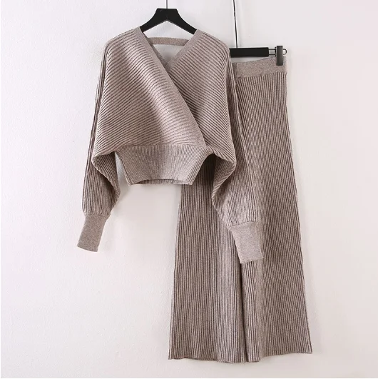 High Quality Fashionable Autumn Bling Knitted Multicolor Open Back Lantern Sleeve V Neck 2 Pieces Set Women Sweater Suit