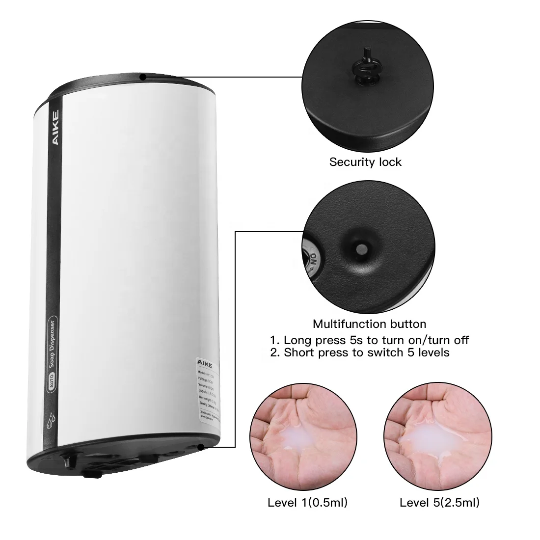 AIKE AK1209 New Design Commercial bathroom accessories ABS Plastic Wall Mounted Automatic Liquid Soap Dispenser 850ml