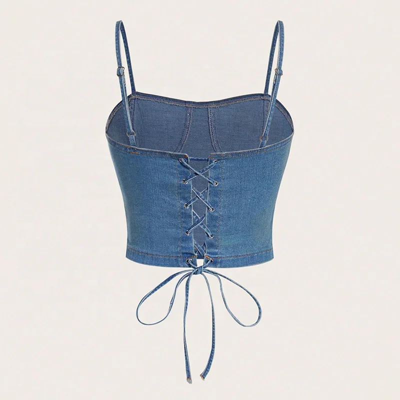 GDTEX ODM OEM custom women denim bra top studded detail cami denim top women