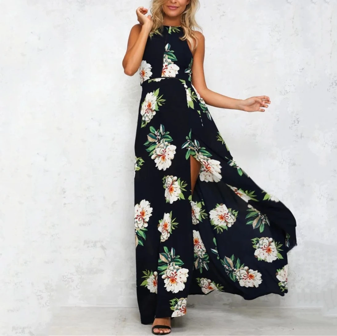 Ladies Open Back Long Skirt Silk Chiffon Casual Evening Dress O-neck Print Plus Size Dress