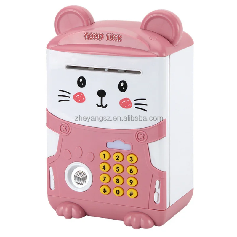 Hot saving money cartoon mouse light music fingerprint unlock auto roll money ATM piggy bank for kids