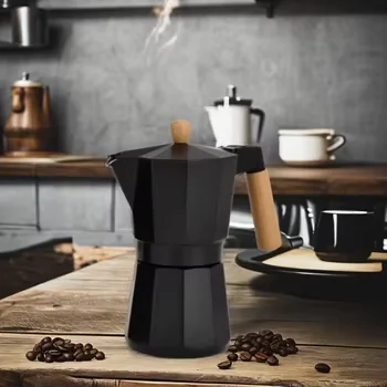 300ml/10oz 6-Cup Aluminum Moka Pot Italian Design with Wooden Handle Portable for Gas Ceramic Stove for Coffee Brewing