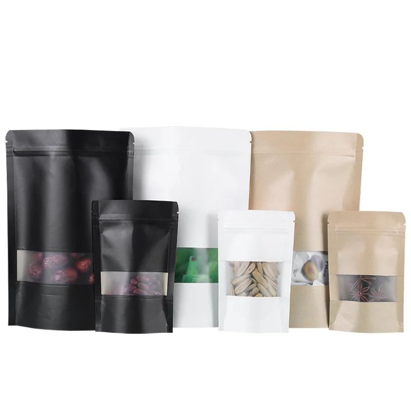 Factory Wholesale Plain black  Kraft Paper Bag With  Window And Zip Lock For Tea Snack Food Packaging Doypack Stand Up Pouch