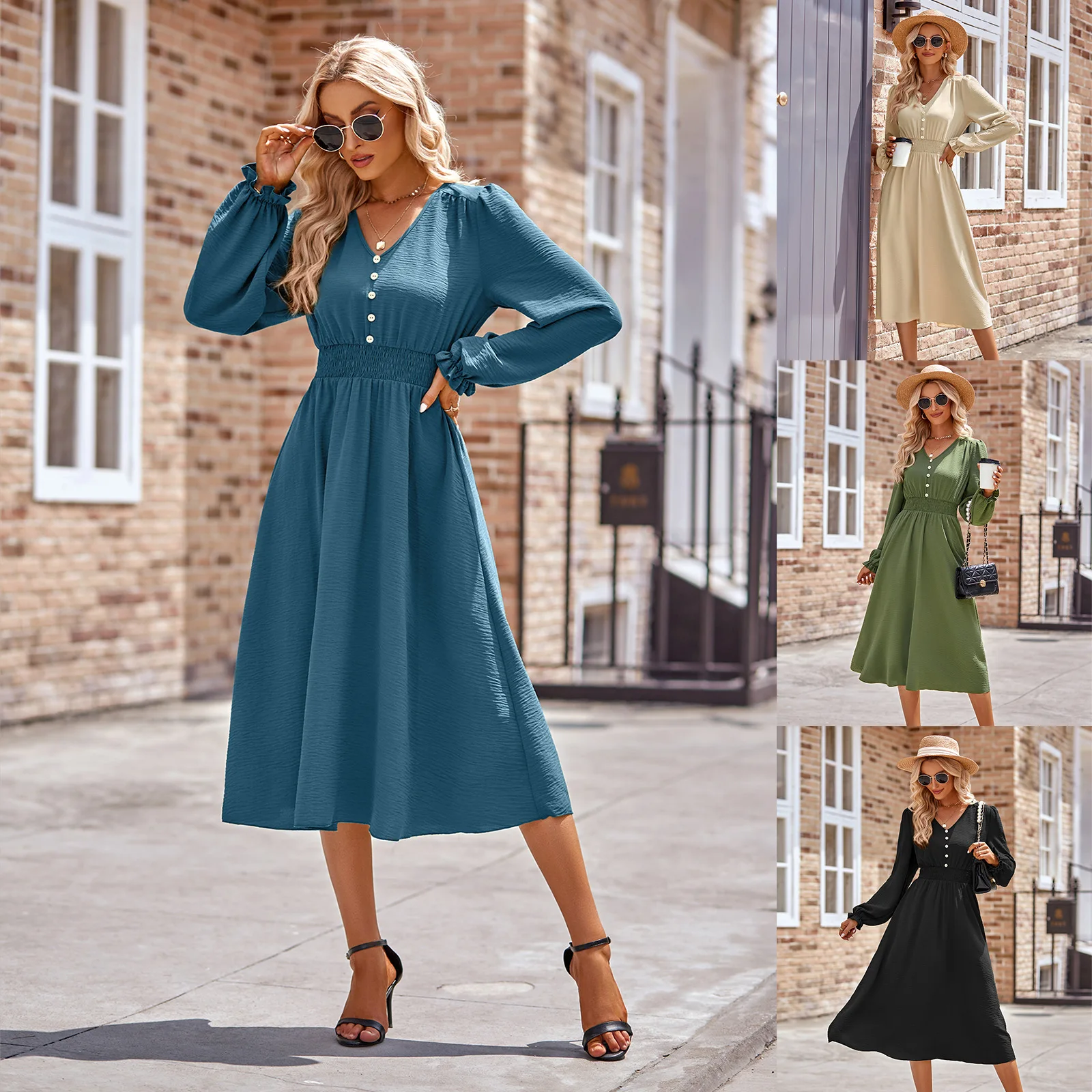 MANYLIYA Wholesale autumn new V-neck waist collection solid color midi dress fashion simple slim fitting daily life women dress