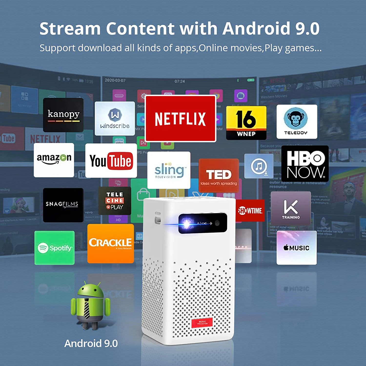 Amazon Hot Selling Android 9.0 System HD 5G Wifi Wireless Mini Portable DLP projector for home Theater