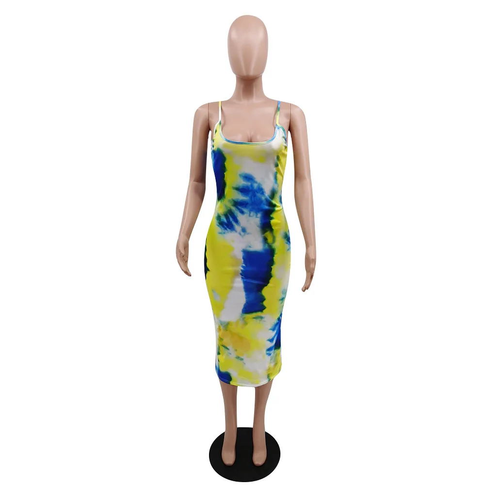 S-3XL 2022 Summer Casual New plus size women clothing sexy halter Loose Tie dye Sleeveless Maxi Dress