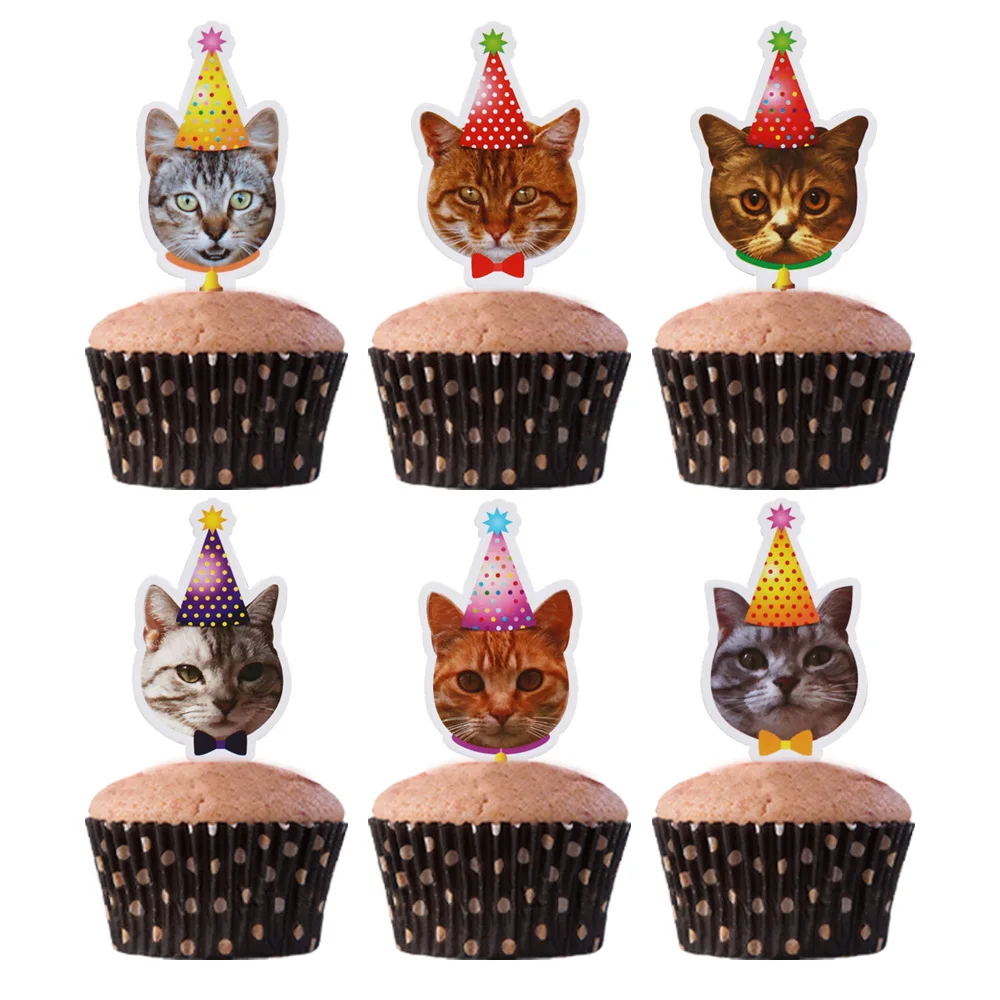 Amazon hot sale design Pet theme party decoration cat cake card birthday card sign cat face flag