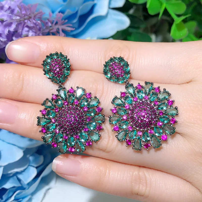 Aesthetic Brazilian Hot Pink and Green Cubic Zirconia Crystal Big Dangle Drop Flower Party Earrings for Women