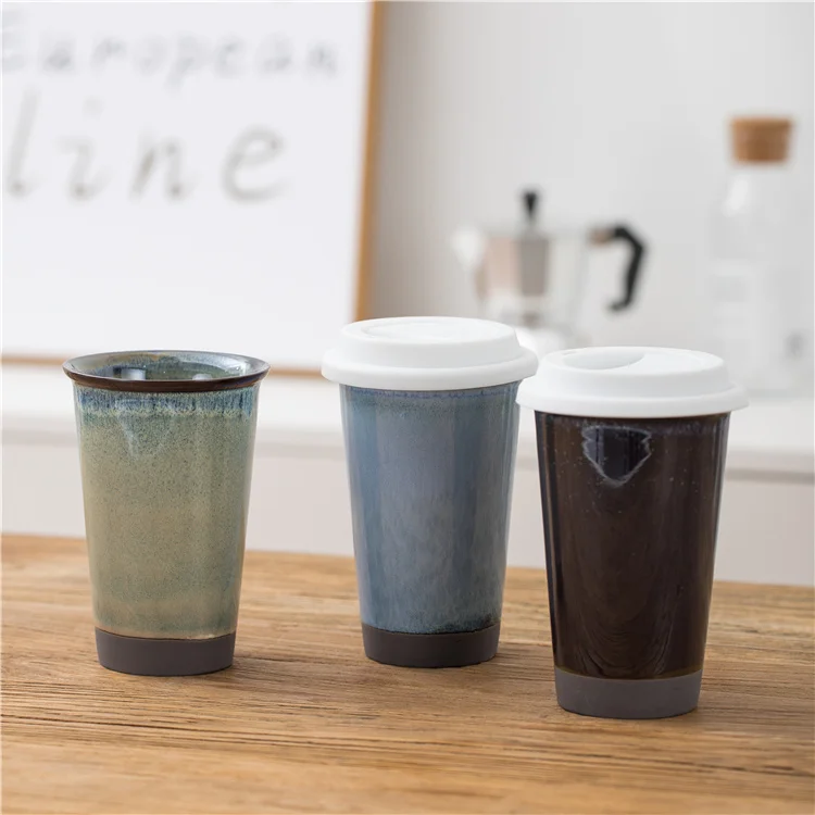 new -arrival reactive glaze outdoor double wall no handle camp mug cup ceramic travel coffee mug with silicone lid