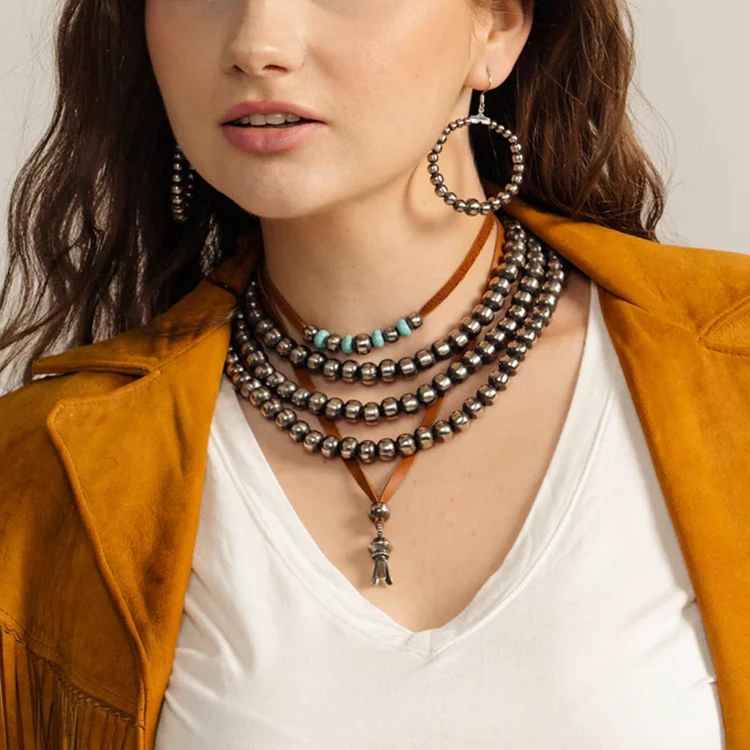 Western Jewelry Navajo Pearl Bead Necklace for Women Handmade Long Boho Turquoise Pearls Layered Necklaces for Cowgirls