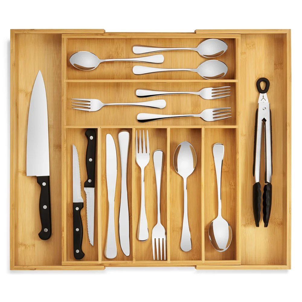 Large Premium Bamboo Expandable Kitchen Drawer Utensil Organizer for Cutlery Flatware