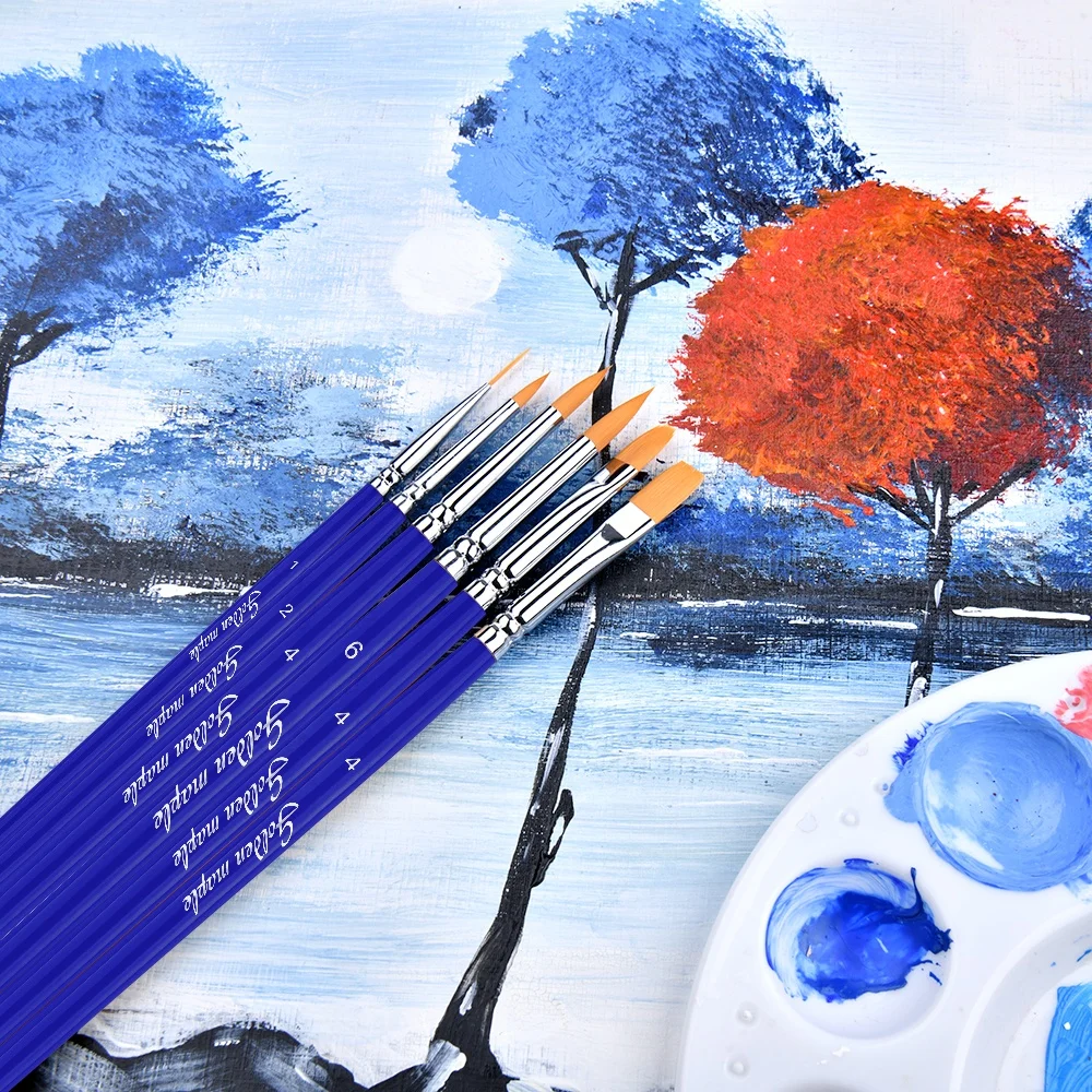 2023 New Arrival 6pcs Blue Sliver Tip Face Paint Brushes Set Short Wood Handle Nylon Hair Acrylic Artist Paint Brush