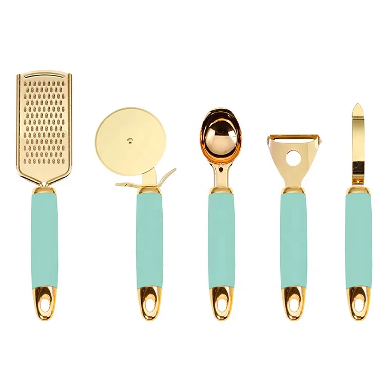 
kitchen flat kitchenware accessories, 5 pcs in one set, Ginger Grater,Peeler,Ice Cream Spoon & Pizza cutter, golden style, hot! 