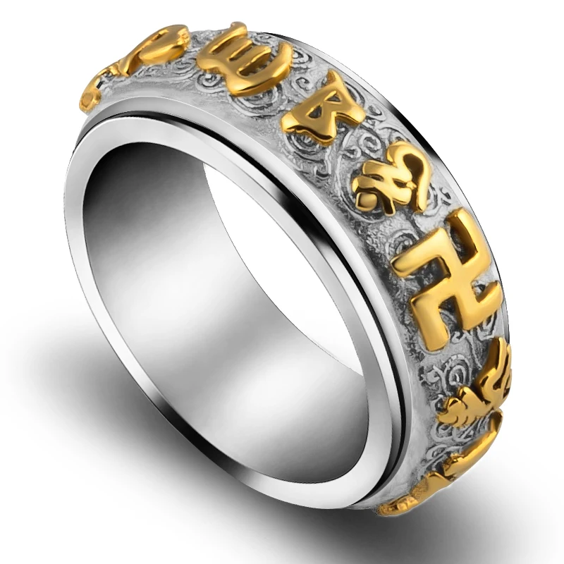 Craft Wolf special design accessories double-layer rotatable jewelry embossed six words of truth ring Original design factory