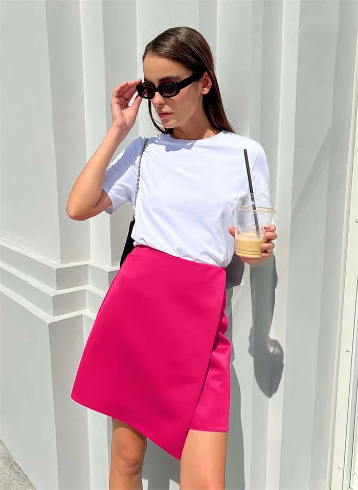 Solid Streetwear Fashion Satin Skirt Pink Women Summer Asymmetrical Mini Skirts Office Black High Waist Skirts