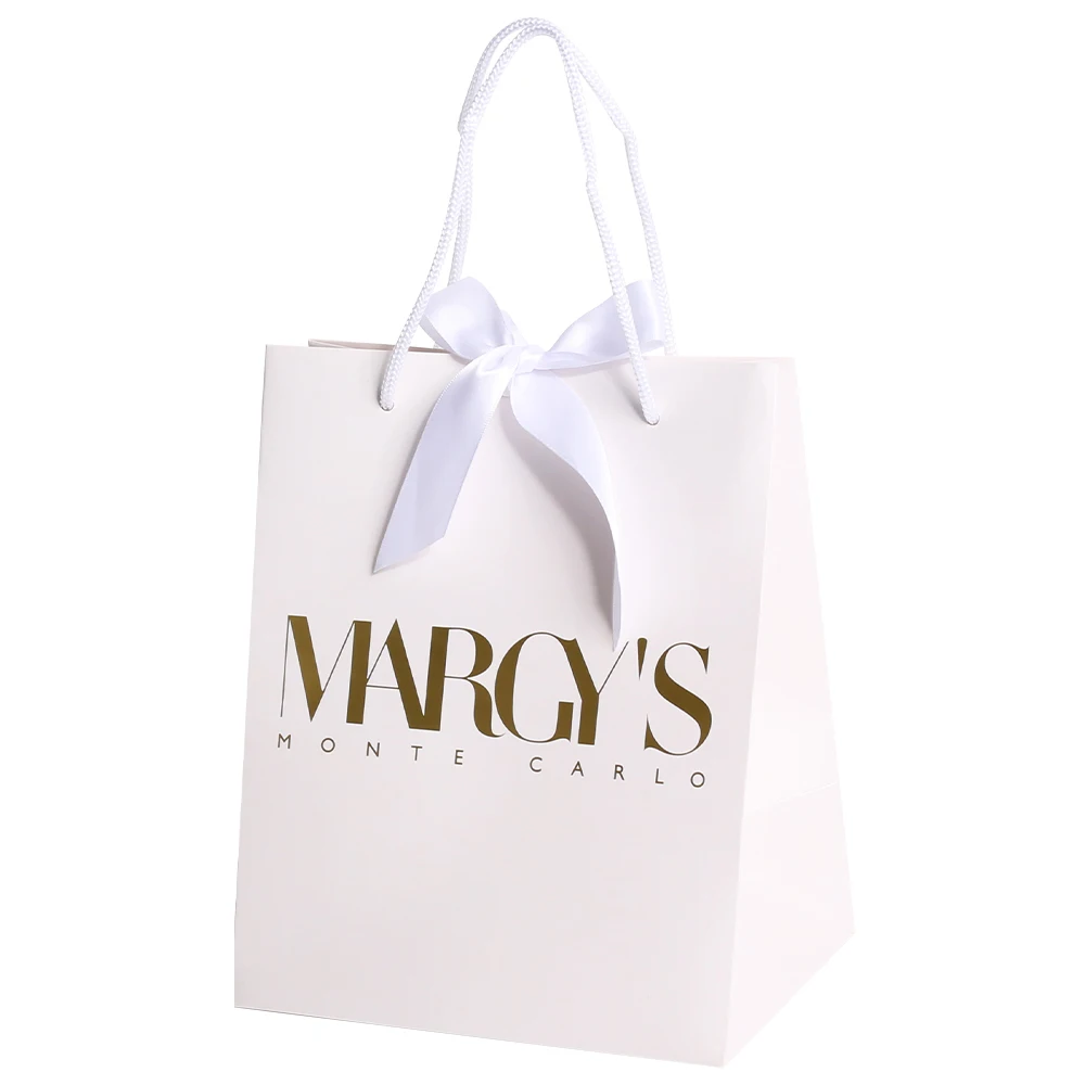 Custom logo yellow paper bags handle reusable shopping paper bags logo printed packaging white kraft paper bag for clothes