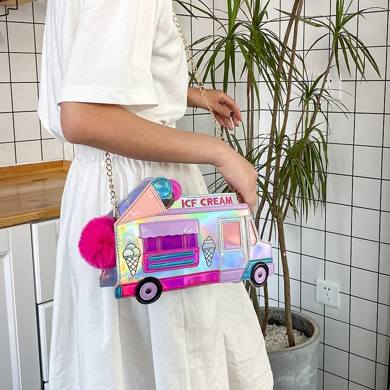 Individuality Laser Funny Custom Cute 3d Colored Mirror Leather Ice Cream Cart Evening Party Makeup Women Shoulder Bag Handbag