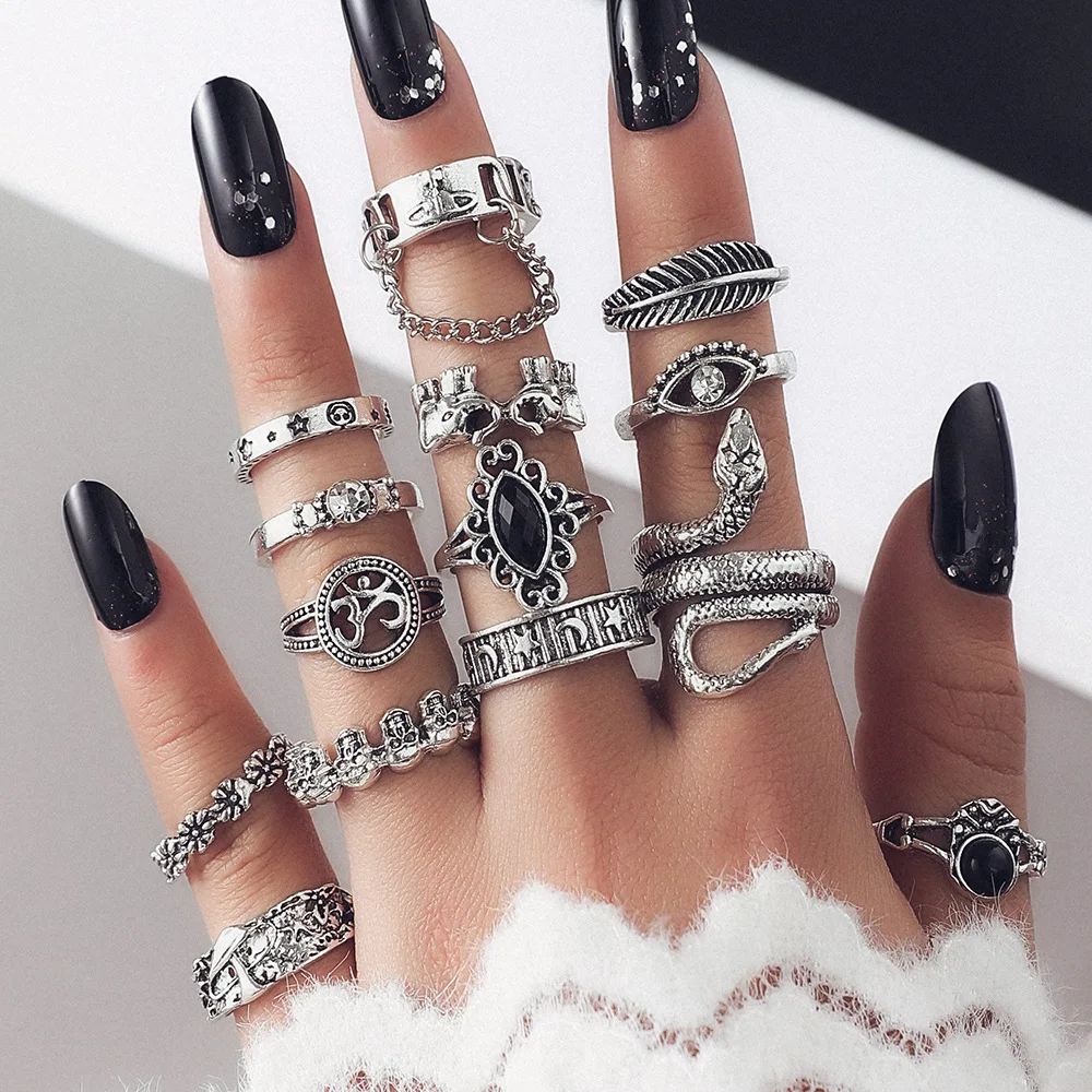 Fenyi Wholesale Retro Personality Feather Flower Snake Star Moon Hollow 14 Pieces Ring Jewelry Ring Set