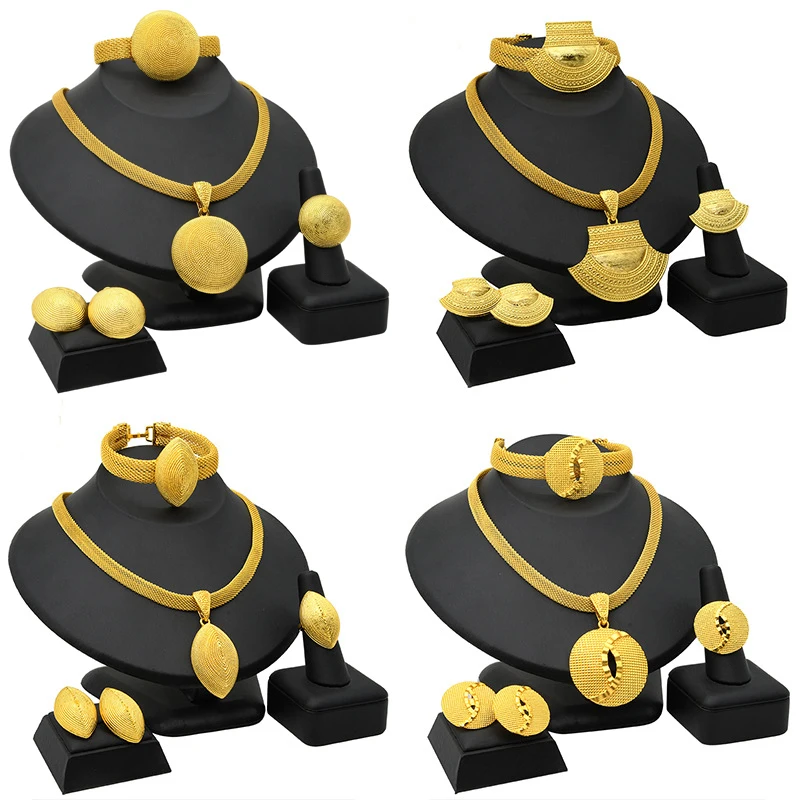 Bridal Wedding Dubai 24K Gold Plated Jewelry Sets Necklace Bracelet Earrings Ring Instock Wholesale