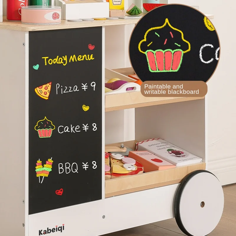 Unisex Wooden Commissary Toy Cart Simulation Cash Register for Children for Supermarket Home or Kindergarten Scene Toys