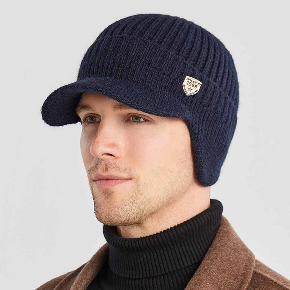Men Winter Knitted Hat Outdoor Cycling Ear Protection Warm Peaked Cap Casual Fashion Bomber Hats 56-61CM
