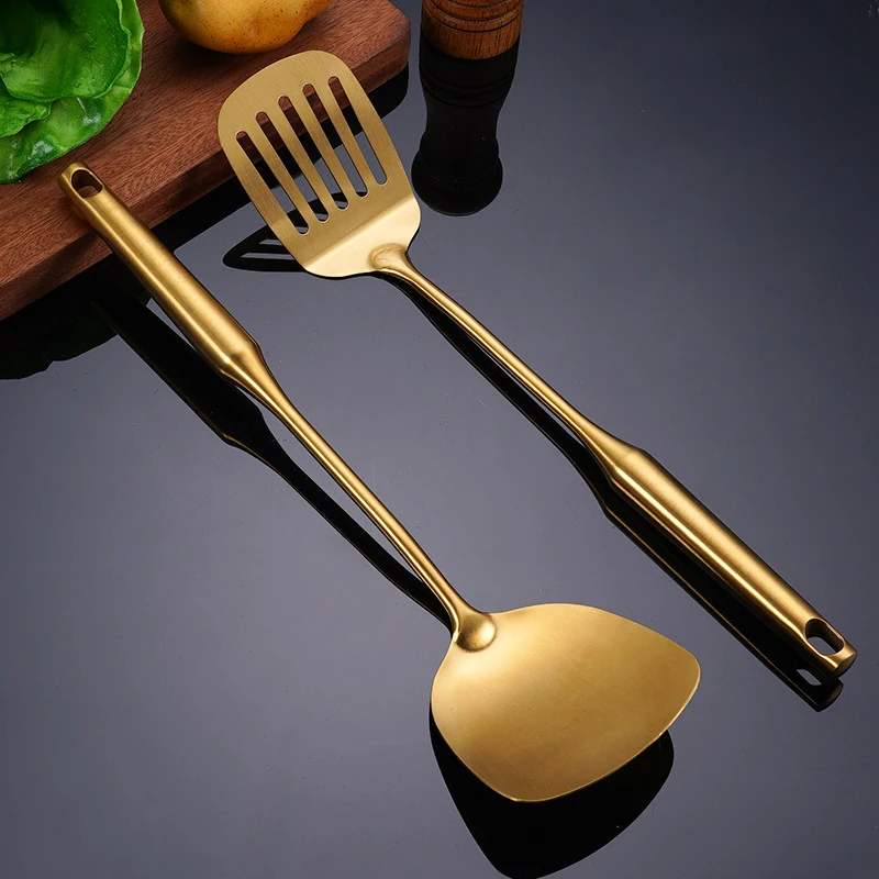 Hollow Handle Spoon Spatul Soup Ladle Skimmer Stainless Steel Metal Cooking Tool Set Stainless Steel Gold Kitchen Utensils Set