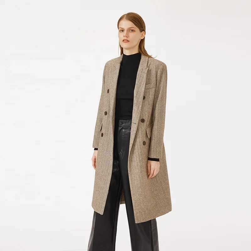Производитель одежды, маленький заказ для женщин, осень и зима, горячая Распродажа, двубортное коричневое винтажное Женское шерстяное пальто с длинным рукавом
