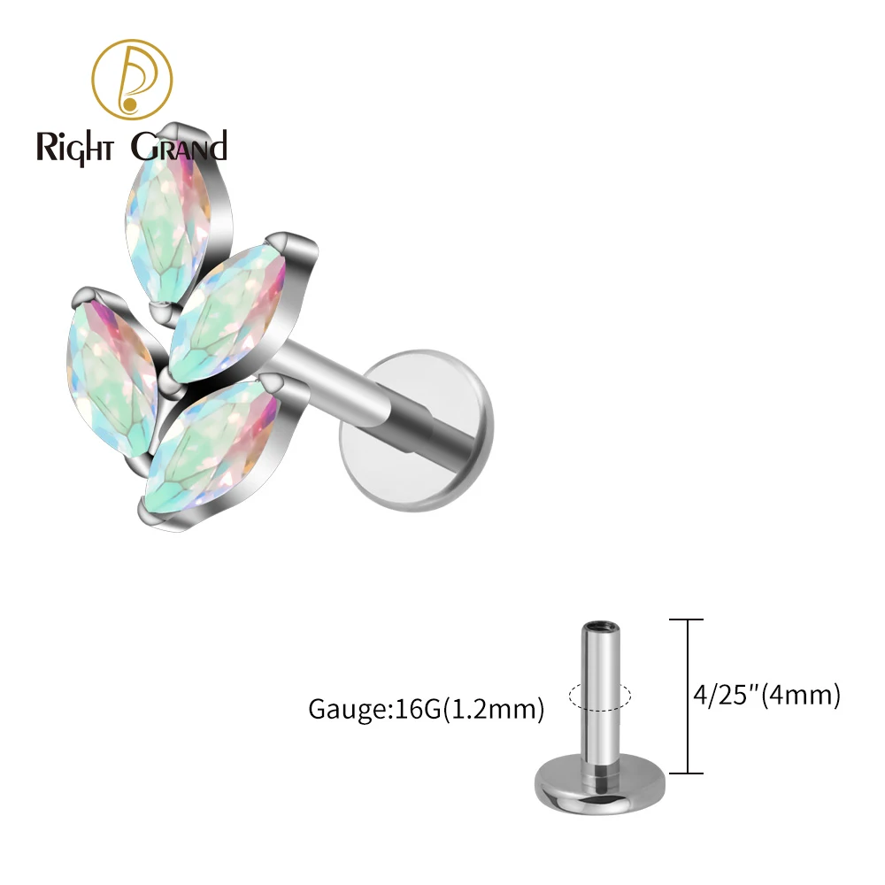 Right Grand ASTM F136 Titanium 16G Marquise CZ Leaf Shaped Cartilage Helix Conch Lobe Ear Piercing Flat Back Earring