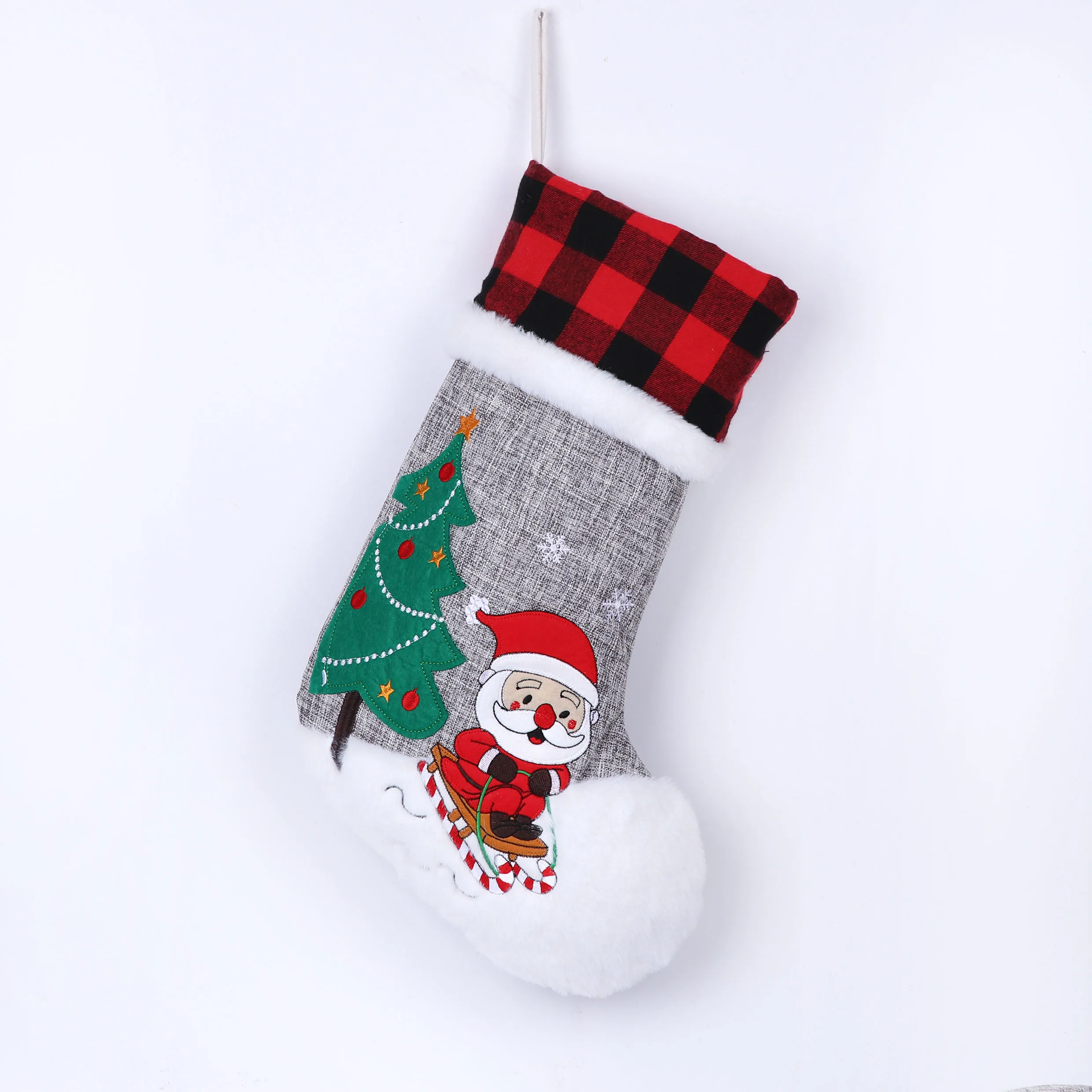 
Original Design Embroidery Grey Burlap Bufflo Red Plaid Christmas Stocking in Bulks Hanging Ornament 