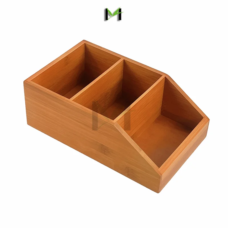 Бамбуковая деревянная корзина для хранения еды с 3 отделениями и наклонной передней частью для кухонного шкафа, кладовой, полки для органайзера