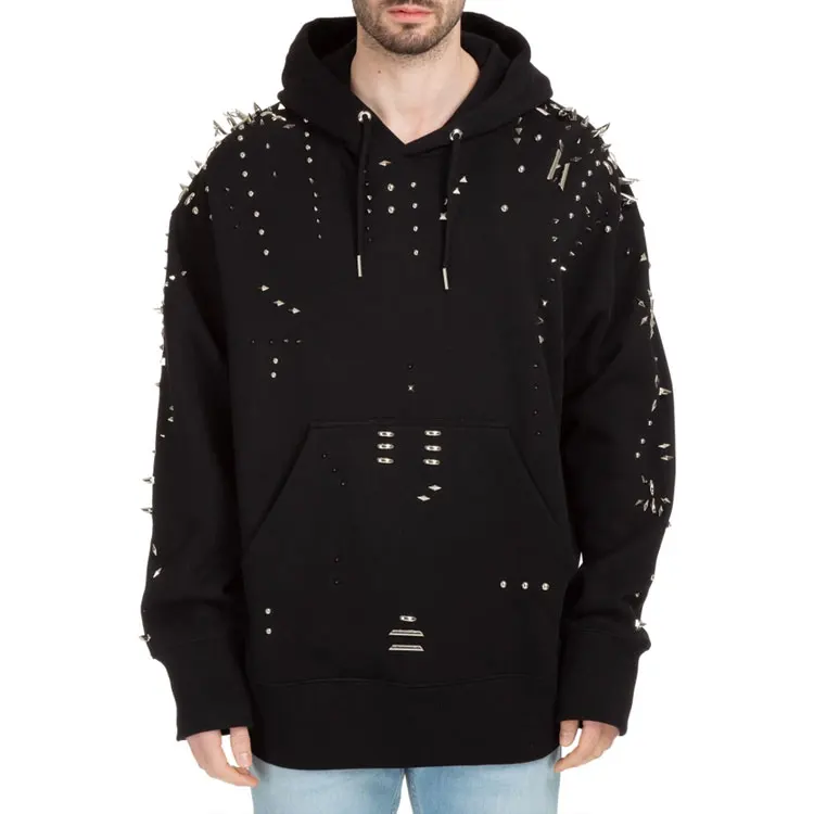High Quality Stylish Design Black Cotton Hoodies for Men Rivet Hoodie with Eyelets