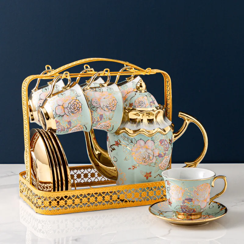 2020 Hot Sell Coffee Cup Gold Tea Cup Sets With Saucer and Cup Holder Vintage Ceramic Tea Set