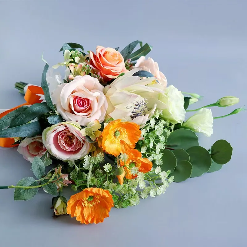 European Style Orange Silk Rose Bouquet Simulated Camellia Bride Holding Artificial Flower White Ranunculus Photography Props