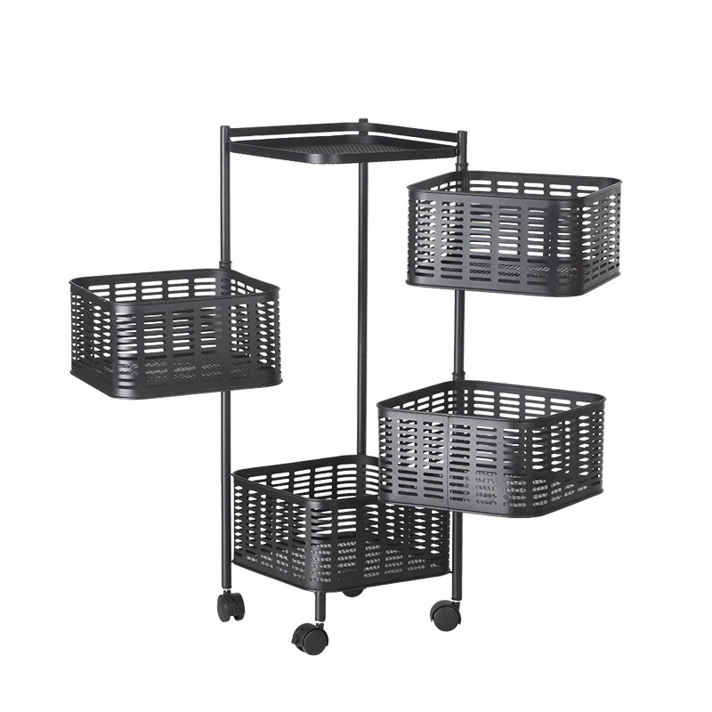 Wholesale 360 degree rotating kitchen 4 layer square rotating fruit vegetable basket rolling utility cart movable kitchen rack