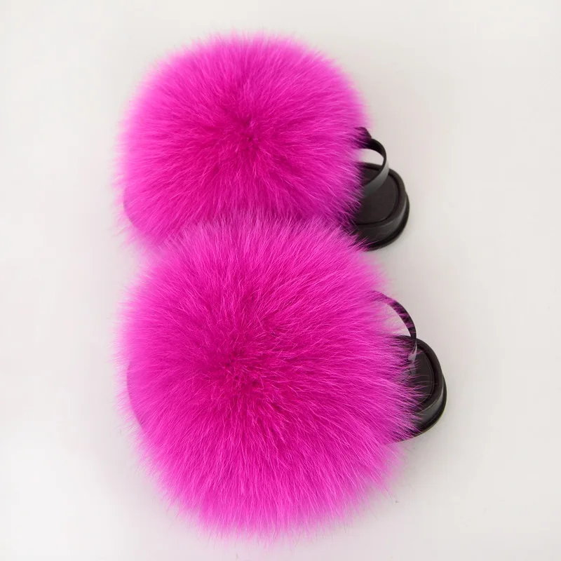 
Custom color big real fluffy fur ball pom pom fox sandals racoon mommy and kids fur flats furry toddler baby kids fur slides 