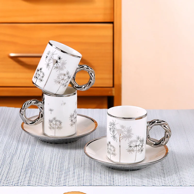 Porcelain Coffee Cup European Style Electroplated Ceramic Cups and Saucers Saudi Arabian Silver Plated Gift Box Set
